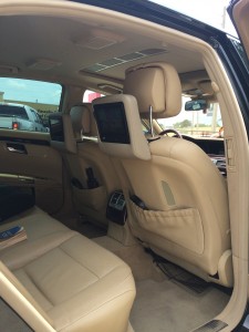 2013 Mercedes S550 with Visualogic Smart Logic removable headrest TVs and color matched OEM leather.