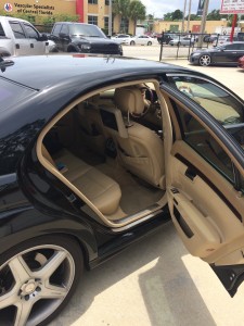Color Matched OEM leather Visualogic Smart Logic removable headrest TVs installed in a 2013 Mercedes S550.