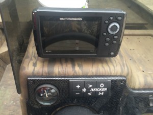 Humminbird fish finder and kicker audio controller installed in 18' G3 Johnboat.