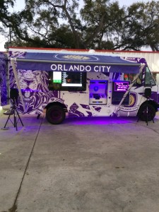 Orlando City Soccer Kickin' Cruiser set up with Custom wrap, PA Speakers, Xbox, Direct TV, Rigid Lights and LG Smart TV