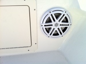 Four JL Audio marine 8 inch components powered by a clarion waterproof head unit installed in a 2014 Amaracat 27'.